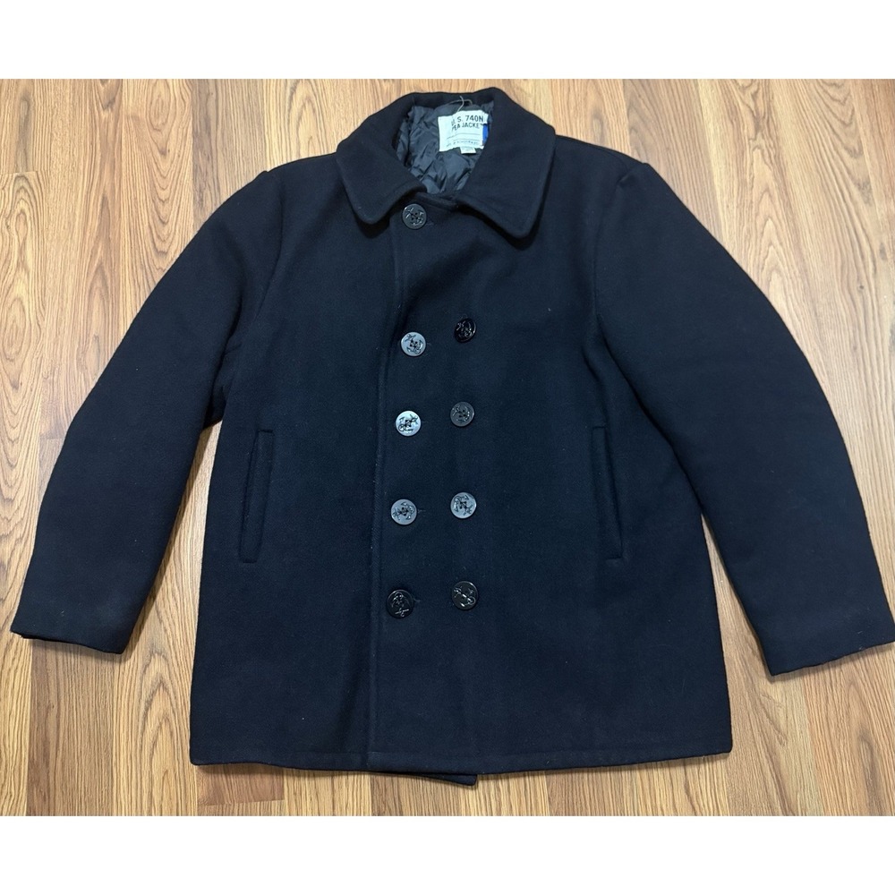 Schott NYC Pea Coat Mens 42 Wool Made In USA Navy Anchor Buttons
